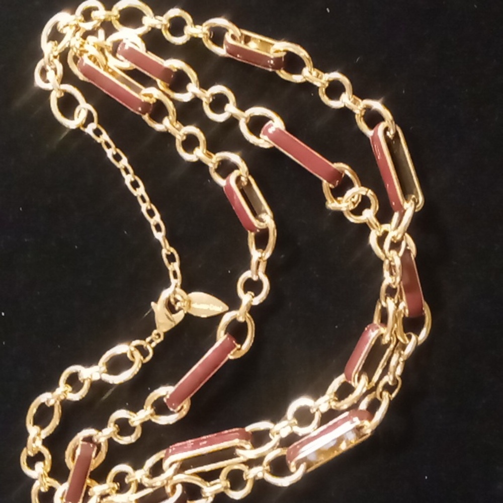 Coldwater creek gold & brown enamel oval link chain necklace 34 inches long